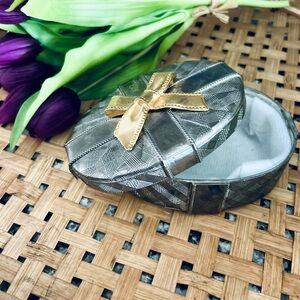 Vintage Silver pewter covered jewelry box with gold coloured bow